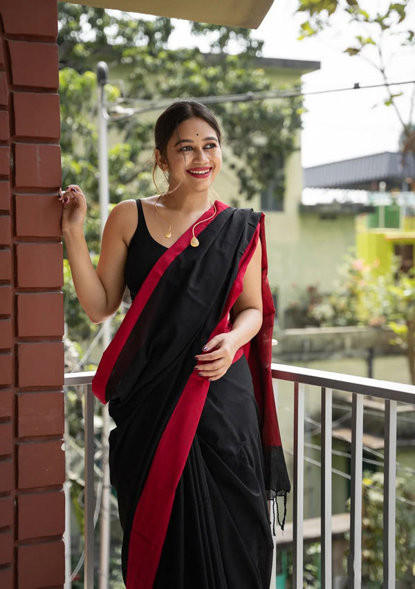 Rock Black Maheshawari Cotton Silk Saree - Shop authentic Indian Women's Fashion by Silk Folks