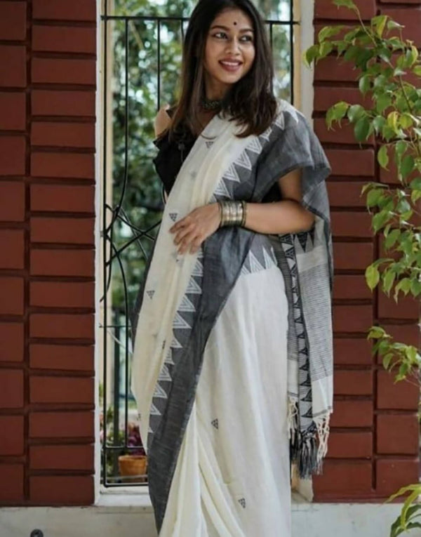 Buttery White Maheshawari Cotton Silk Saree - Shop authentic Indian Women's Fashion by Silk Folks