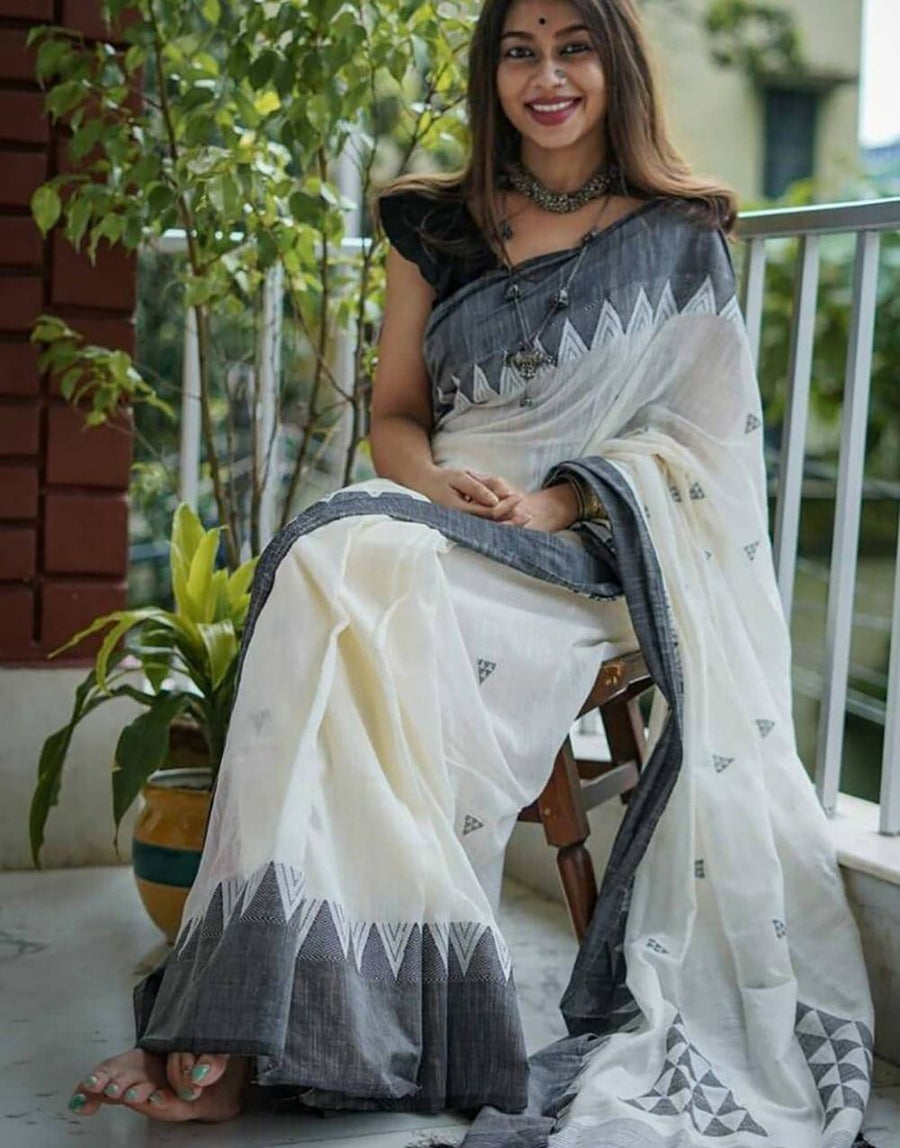 Buttery White Maheshawari Cotton Silk Saree - Shop authentic Indian Women's Fashion by Silk Folks