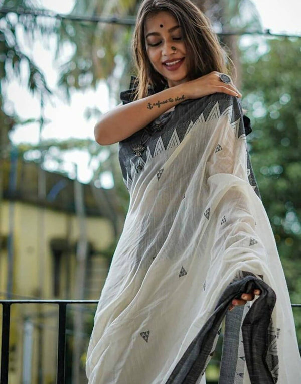 Buttery White Maheshawari Cotton Silk Saree - Shop authentic Indian Women's Fashion by Silk Folks