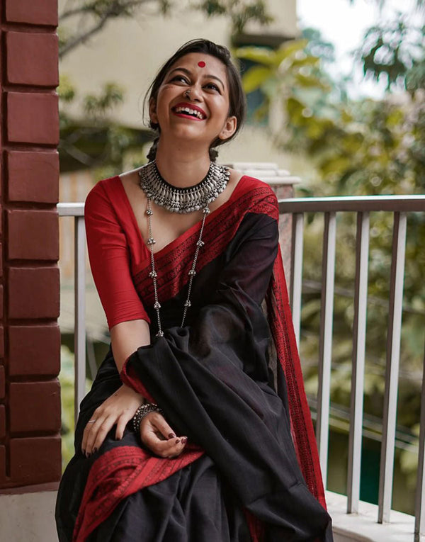 Diesel Black Maheshawari Cotton Silk Saree - Shop authentic Indian Women's Fashion by Silk Folks