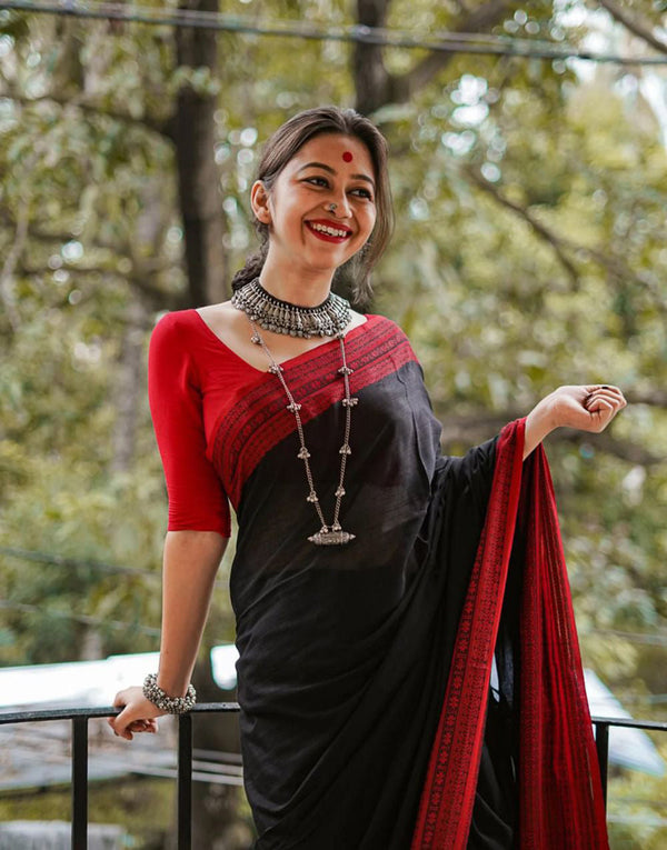 Diesel Black Maheshawari Cotton Silk Saree - Shop authentic Indian Women's Fashion by Silk Folks