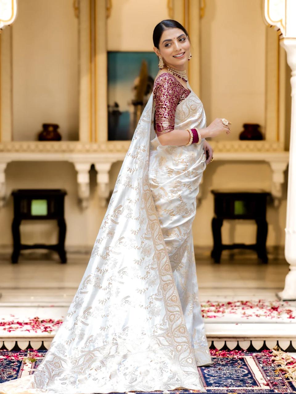 Enigmatic Off White Soft Silk Saree With Transcendent Blouse Piece - Shop authentic Indian Women's Fashion by Silk Folks