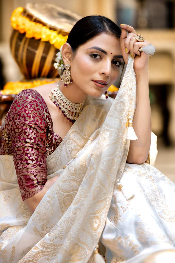 Enigmatic Off White Soft Silk Saree With Transcendent Blouse Piece - Shop authentic Indian Women's Fashion by Silk Folks