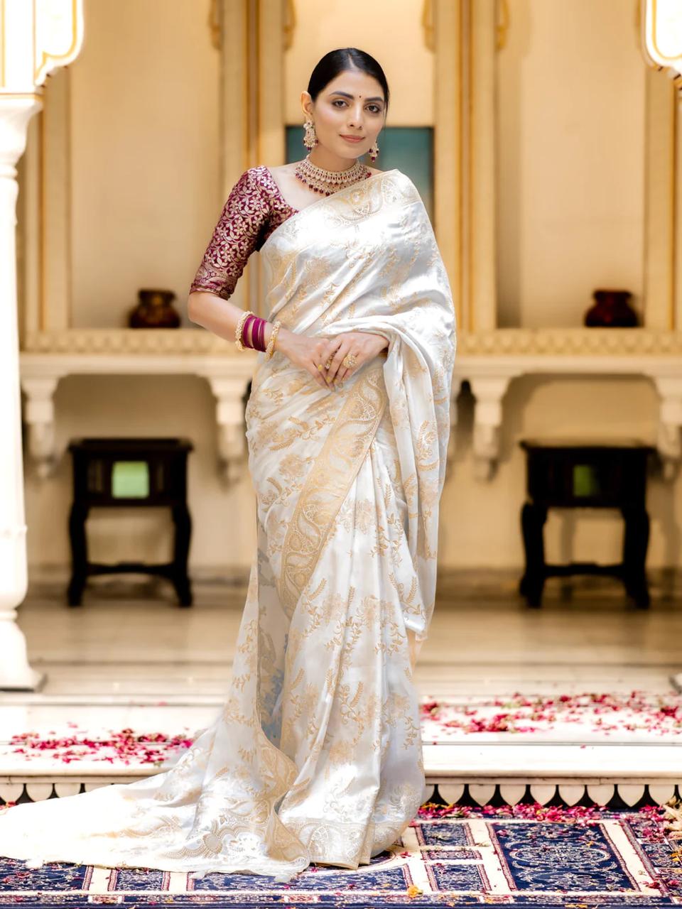 Enigmatic Off White Soft Silk Saree With Transcendent Blouse Piece - Shop authentic Indian Women's Fashion by Silk Folks