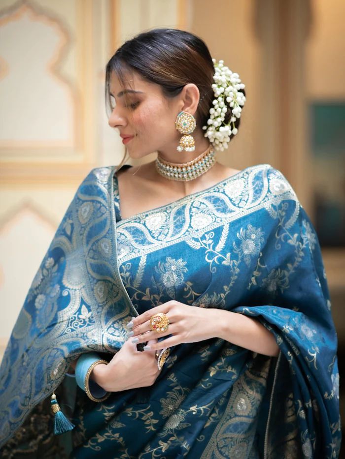 Eclat Rama Soft Silk Saree With Embrocation Blouse Piece - Shop authentic Indian Women's Fashion by Silk Folks