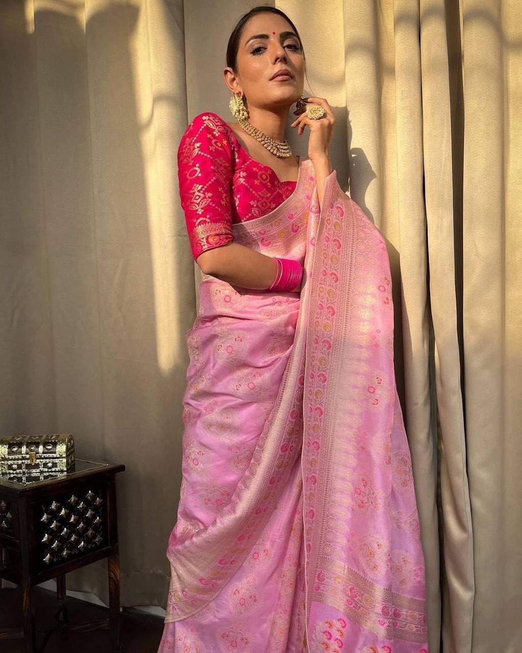 Sempiternal Pink Soft Silk Saree With Majesty Blouse Piece - Shop authentic Indian Women's Fashion by Silk Folks
