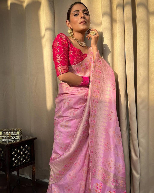 Sempiternal Pink Soft Silk Saree With Majesty Blouse Piece - Shop authentic Indian Women's Fashion by Silk Folks