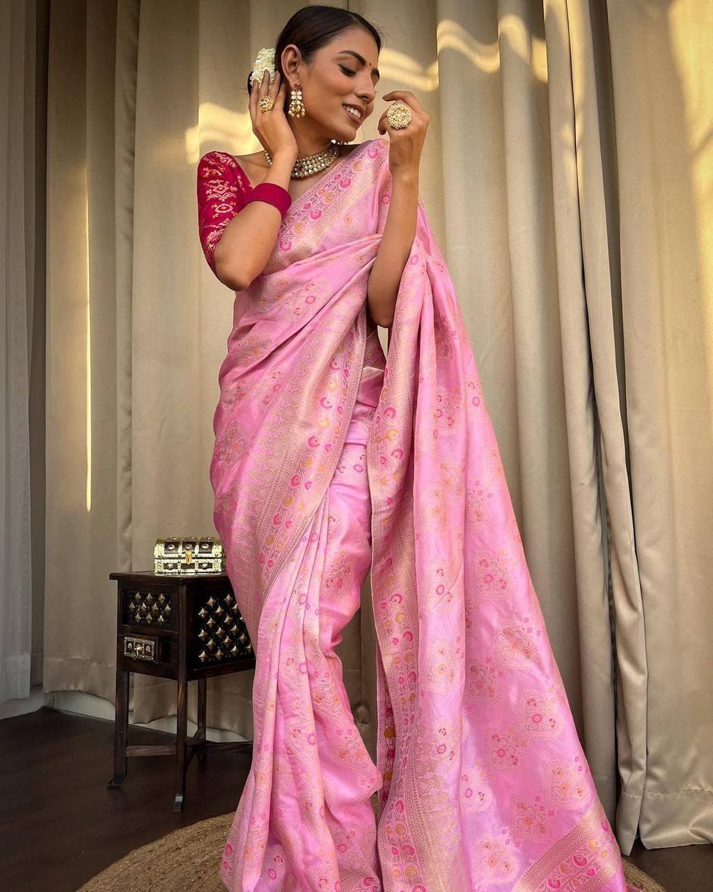 Sempiternal Pink Soft Silk Saree With Majesty Blouse Piece - Shop authentic Indian Women's Fashion by Silk Folks