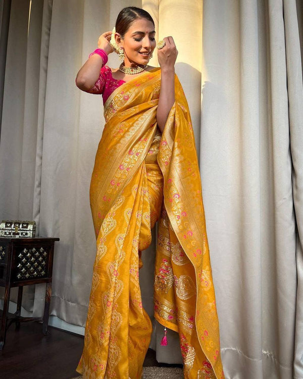 Scintilla Yellow Soft Silk Saree With Classic Blouse Piece - Shop authentic Indian Women's Fashion by Silk Folks