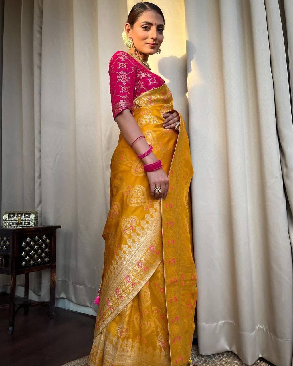 Scintilla Yellow Soft Silk Saree With Classic Blouse Piece - Shop authentic Indian Women's Fashion by Silk Folks