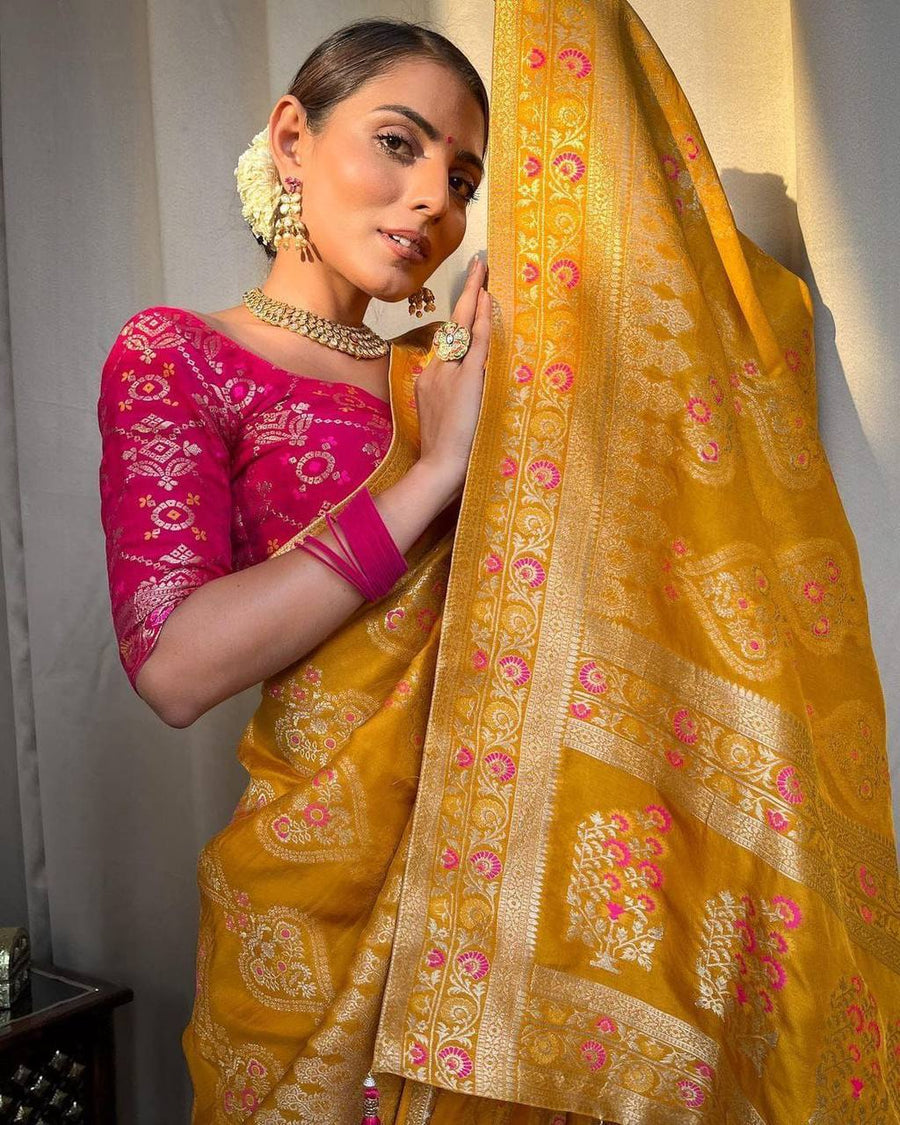 Scintilla Yellow Soft Silk Saree With Classic Blouse Piece - Shop authentic Indian Women's Fashion by Silk Folks
