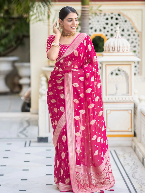 Jazzy Dark Pink Soft Banarasi Silk Saree With Desuetude Blouse Piece - Shop authentic Indian Women's Fashion by Silk Folks