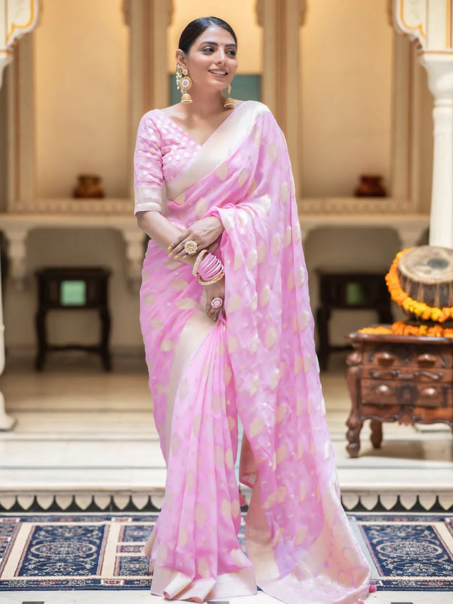Designer Pink Soft Banarasi Silk Saree With Twirling Blouse Piece - Shop authentic Indian Women's Fashion by Silk Folks