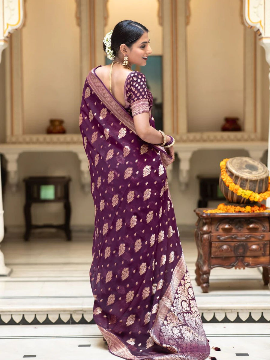 Intricate Wine Soft Banarasi Silk Saree With Devastating Blouse Piece - Shop authentic Indian Women's Fashion by Silk Folks