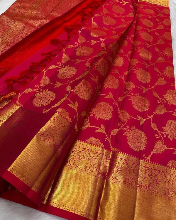 Precious Red Soft Banarasi Silk Saree With Extraordinary Blouse Piece - Shop authentic Indian Women's Fashion by Silk Folks
