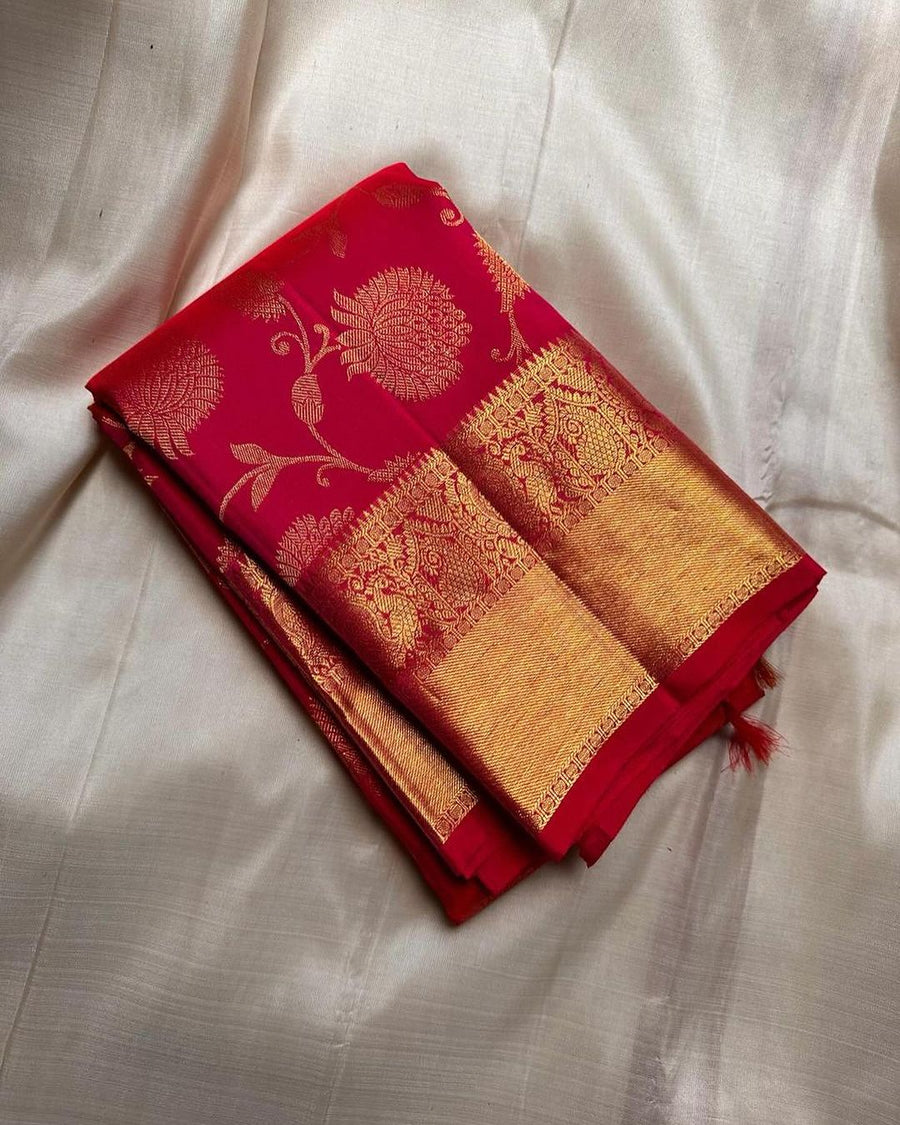 Precious Red Soft Banarasi Silk Saree With Extraordinary Blouse Piece - Shop authentic Indian Women's Fashion by Silk Folks