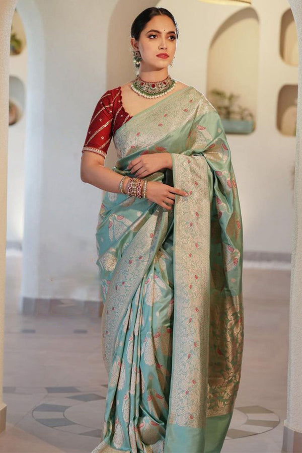 Gleaming Sea Green Soft Silk Saree With Energetic Blouse Piece - Shop authentic Indian Women's Fashion by Silk Folks