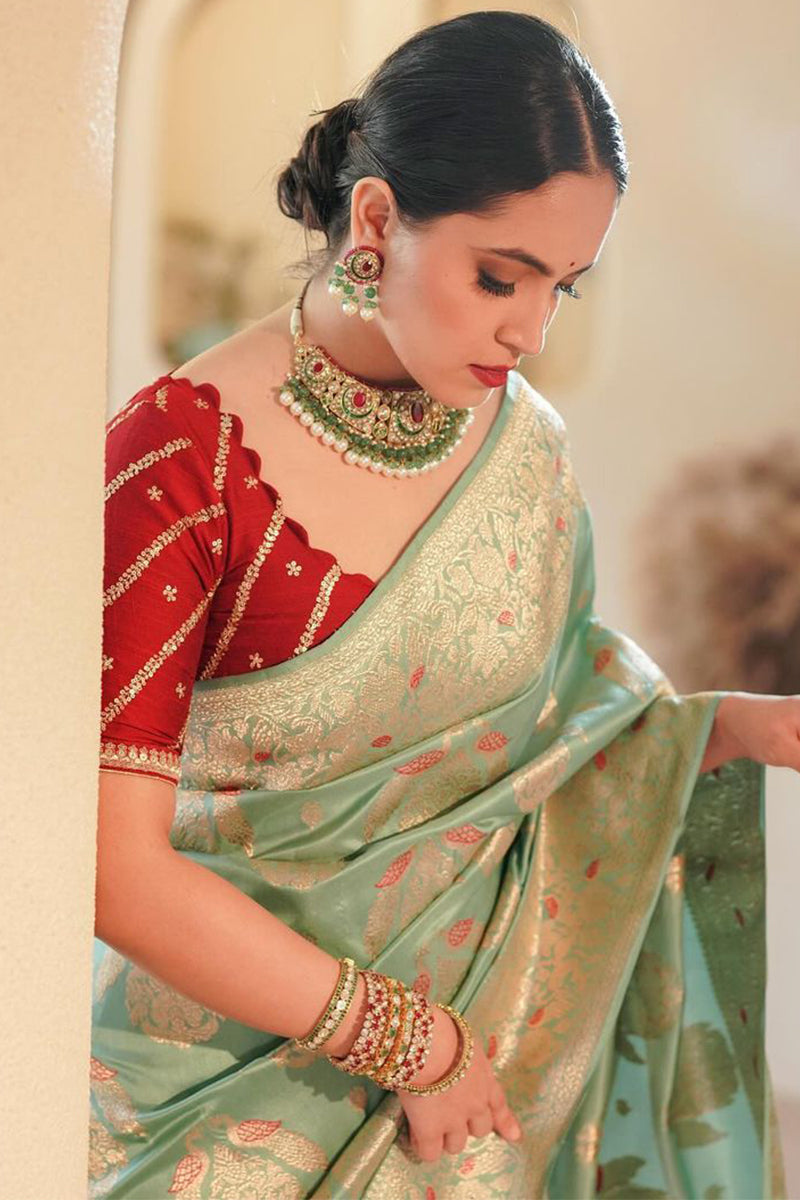 Gleaming Sea Green Soft Silk Saree With Energetic Blouse Piece - Shop authentic Indian Women's Fashion by Silk Folks