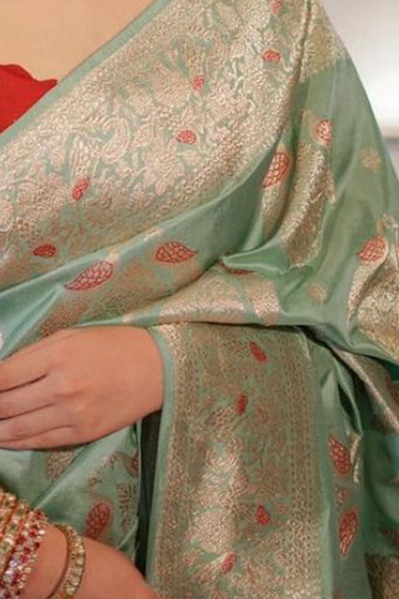 Gleaming Sea Green Soft Silk Saree With Energetic Blouse Piece - Shop authentic Indian Women's Fashion by Silk Folks