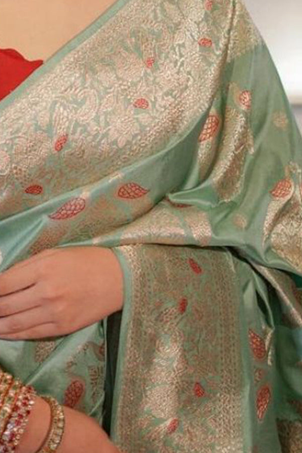 Gleaming Sea Green Soft Silk Saree With Energetic Blouse Piece - Shop authentic Indian Women's Fashion by Silk Folks