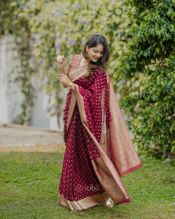 Gorgeous Maroon Soft Silk Saree With Alluring Blouse Piece - Shop authentic Indian Women's Fashion by Silk Folks