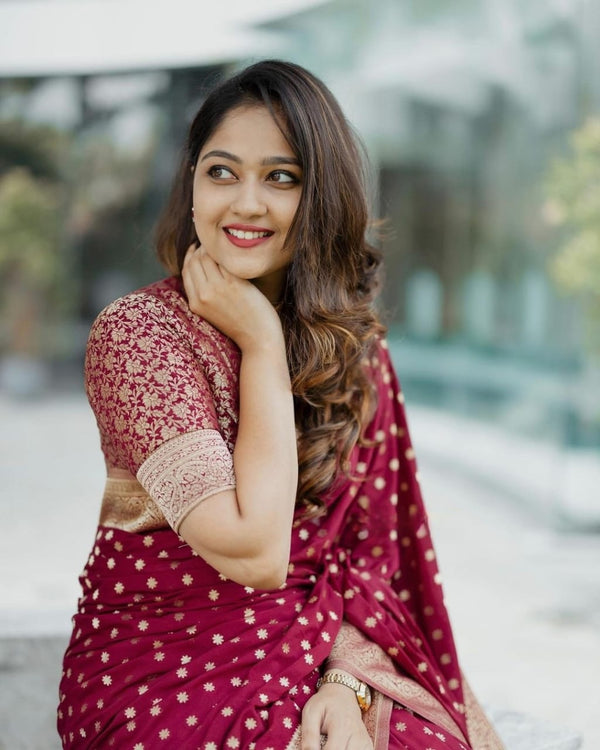 Gorgeous Maroon Soft Silk Saree With Alluring Blouse Piece - Shop authentic Indian Women's Fashion by Silk Folks