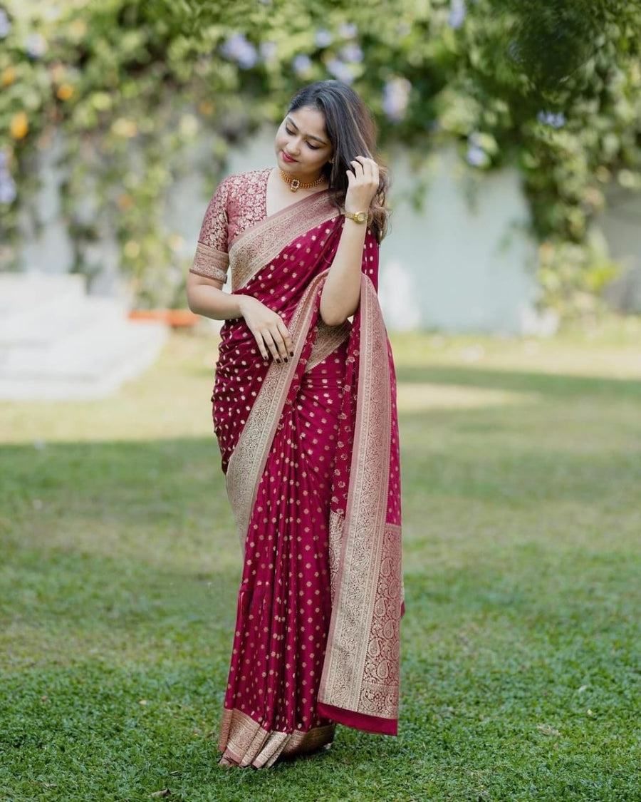 Gorgeous Maroon Soft Silk Saree With Alluring Blouse Piece - Shop authentic Indian Women's Fashion by Silk Folks