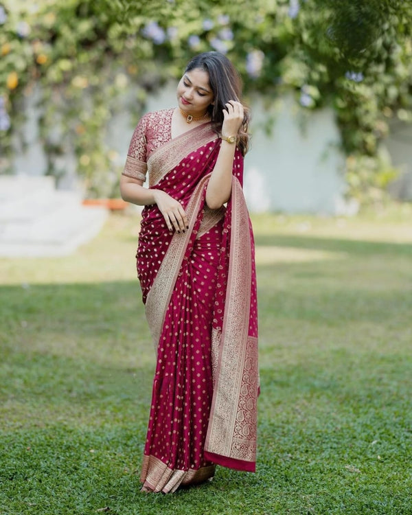 Gorgeous Maroon Soft Silk Saree With Alluring Blouse Piece - Shop authentic Indian Women's Fashion by Silk Folks