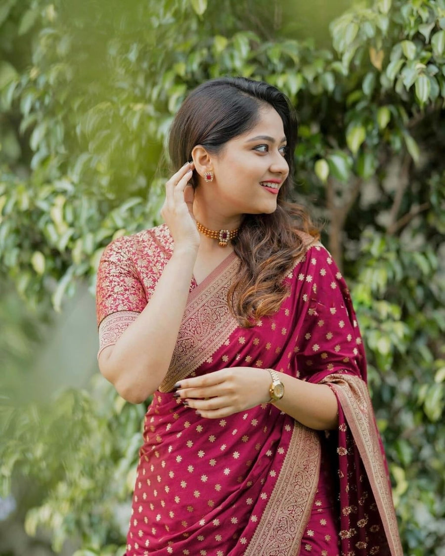 Gorgeous Maroon Soft Silk Saree With Alluring Blouse Piece - Shop authentic Indian Women's Fashion by Silk Folks