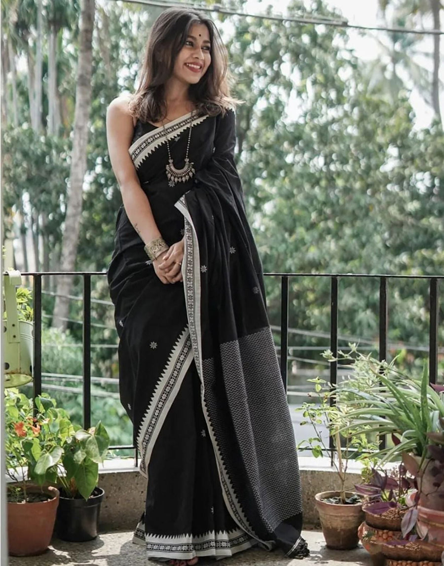 Charming Black Cotton Silk Saree With Deserving Blouse Piece - Shop authentic Indian Women's Fashion by Silk Folks