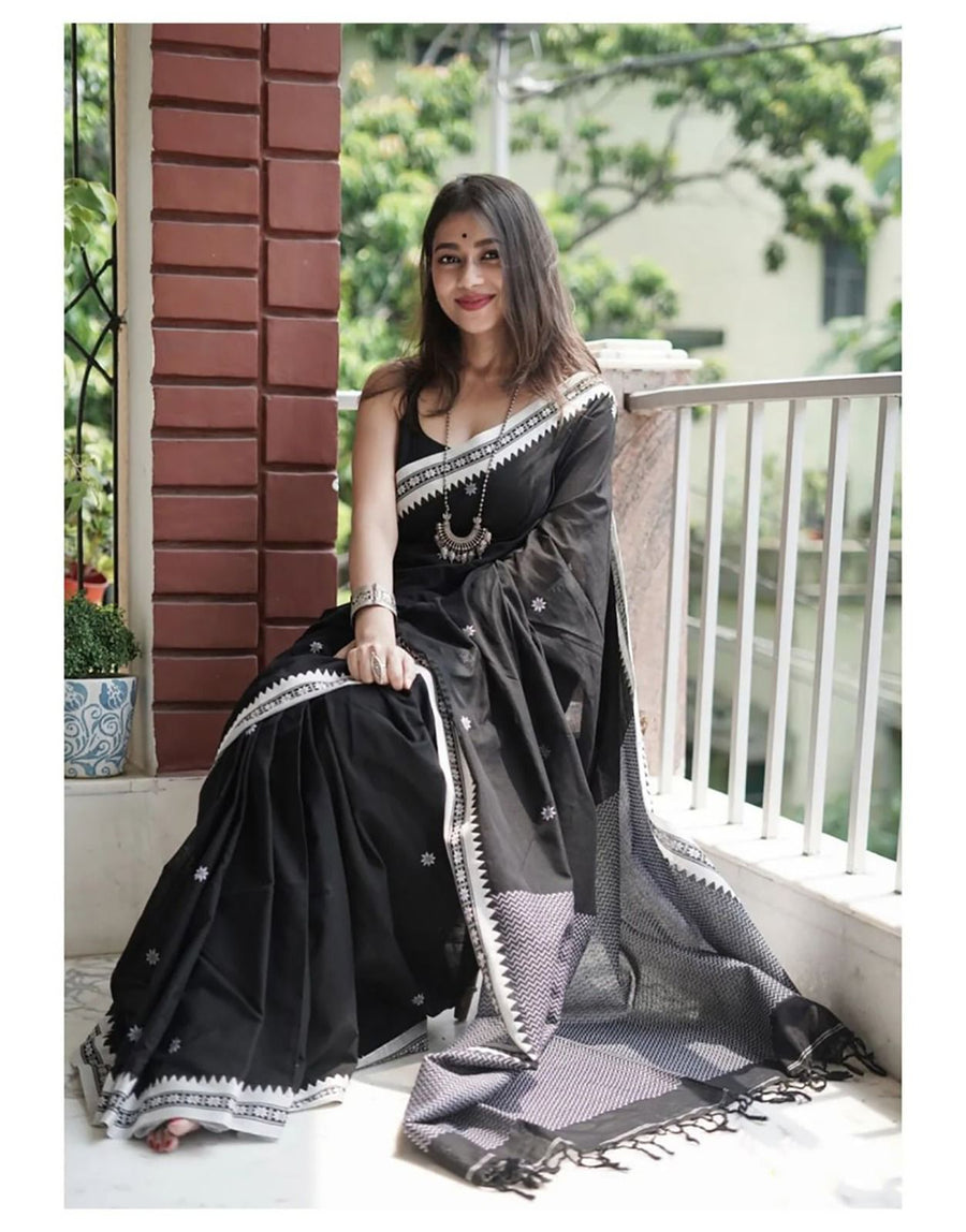 Charming Black Cotton Silk Saree With Deserving Blouse Piece - Shop authentic Indian Women's Fashion by Silk Folks