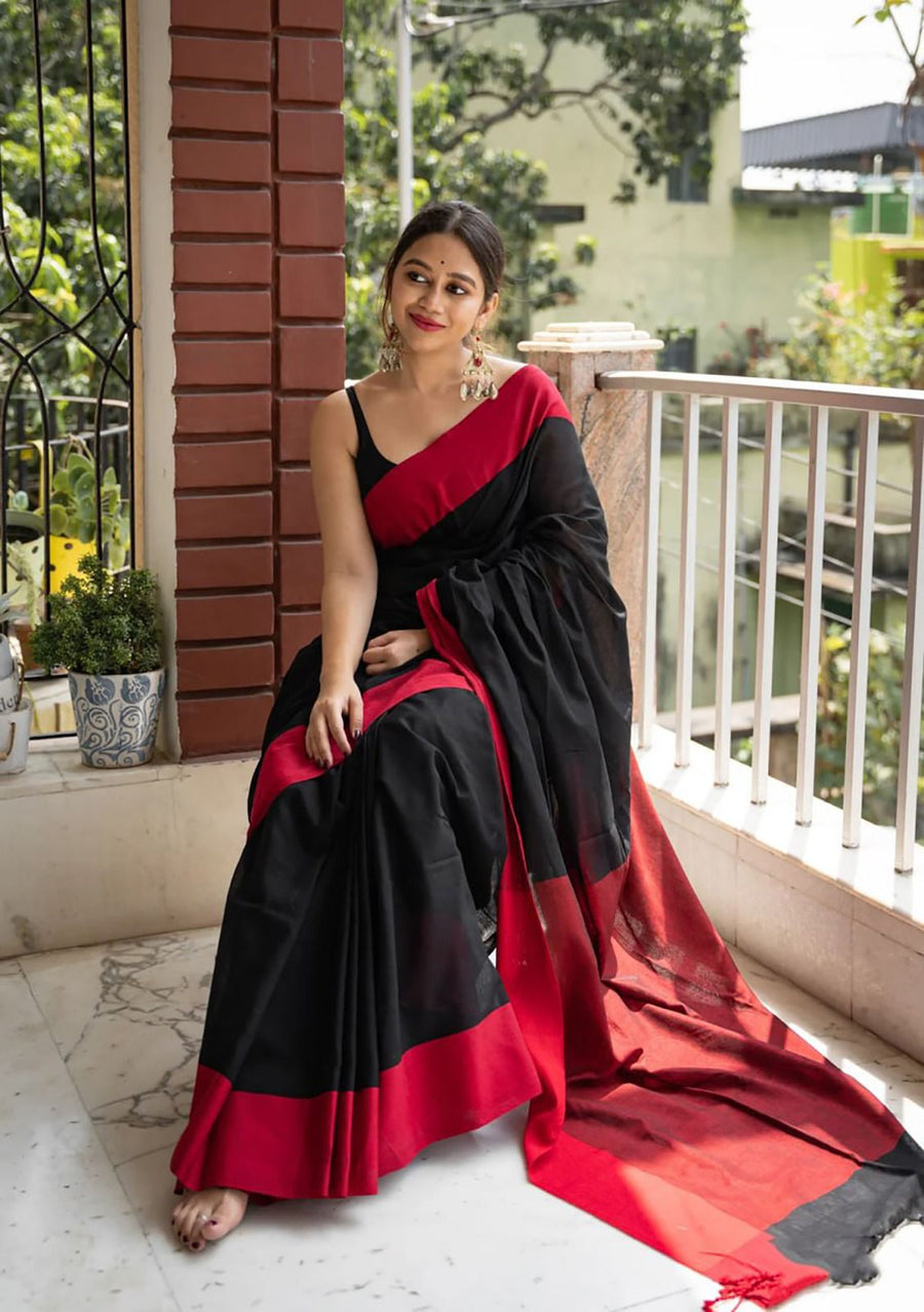 Glowing Black Cotton Silk Saree With Beautiful Blouse Piece - Shop authentic Indian Women's Fashion by Silk Folks