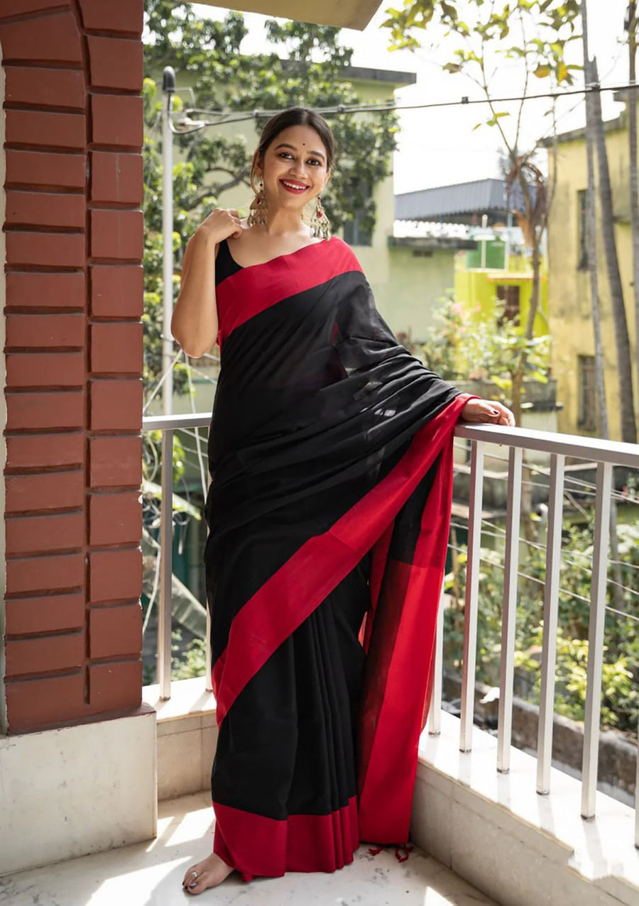 Glowing Black Cotton Silk Saree With Beautiful Blouse Piece - Shop authentic Indian Women's Fashion by Silk Folks