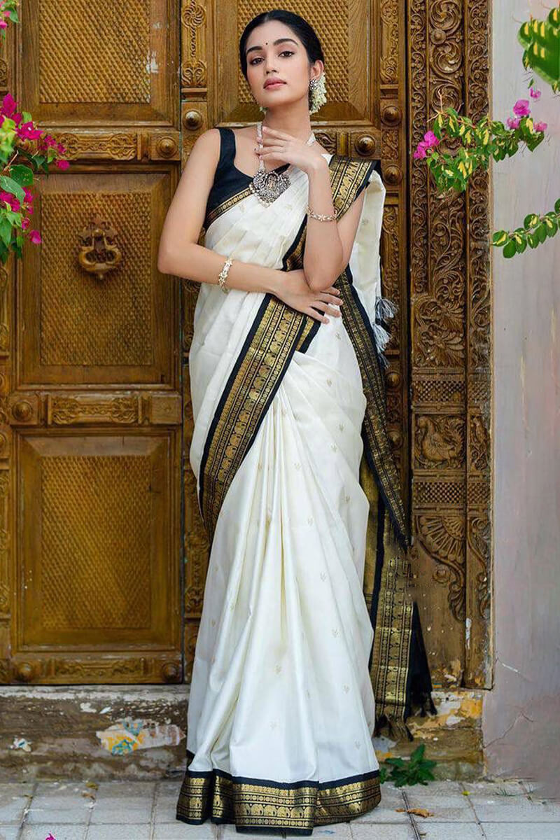 Denouement Off White Soft Silk Saree With Confounding Blouse Piece - Shop authentic Indian Women's Fashion by Silk Folks