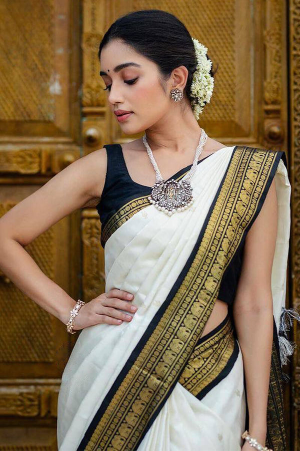 Denouement Off White Soft Silk Saree With Confounding Blouse Piece - Shop authentic Indian Women's Fashion by Silk Folks