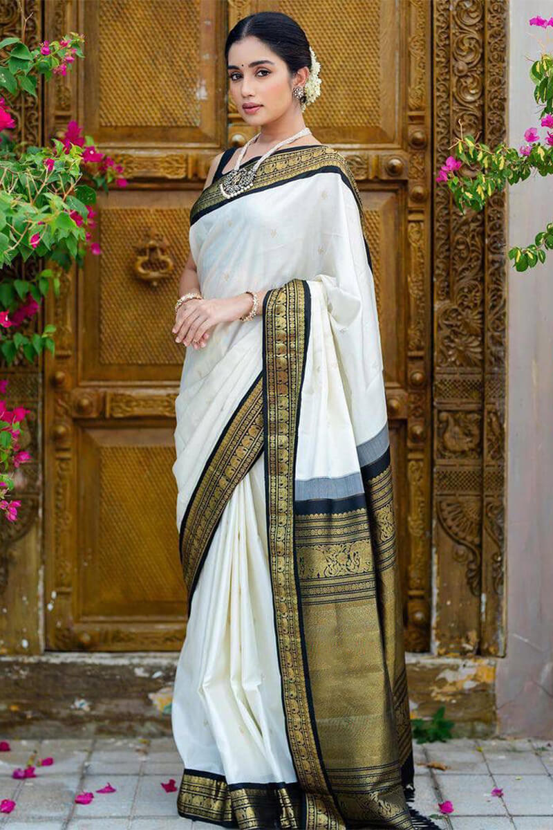 Denouement Off White Soft Silk Saree With Confounding Blouse Piece - Shop authentic Indian Women's Fashion by Silk Folks