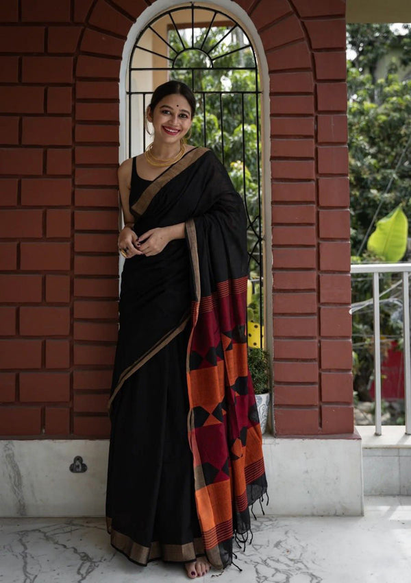 Quill Black Maheshawari Cotton Silk Saree - Shop authentic Indian Women's Fashion by Silk Folks