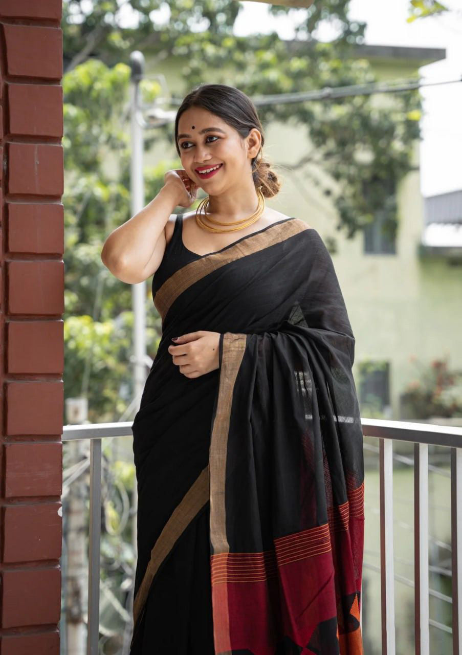 Quill Black Maheshawari Cotton Silk Saree - Shop authentic Indian Women's Fashion by Silk Folks
