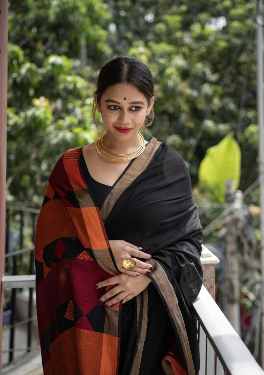 Quill Black Maheshawari Cotton Silk Saree - Shop authentic Indian Women's Fashion by Silk Folks