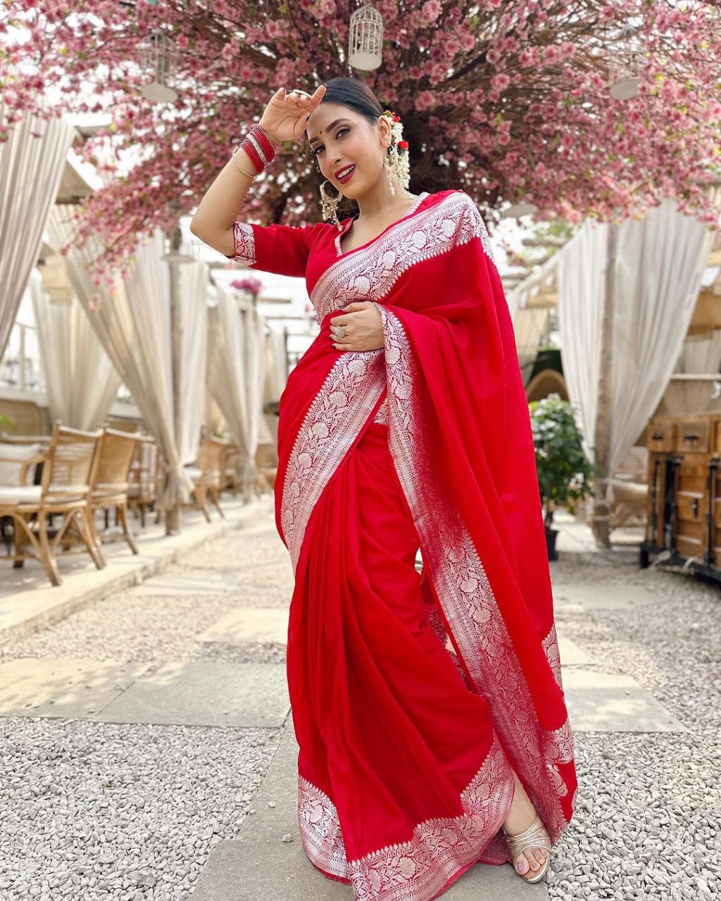 Alluring Red Soft Silk Saree With Hypnotic Blouse Piece - Shop authentic Indian Women's Fashion by Silk Folks