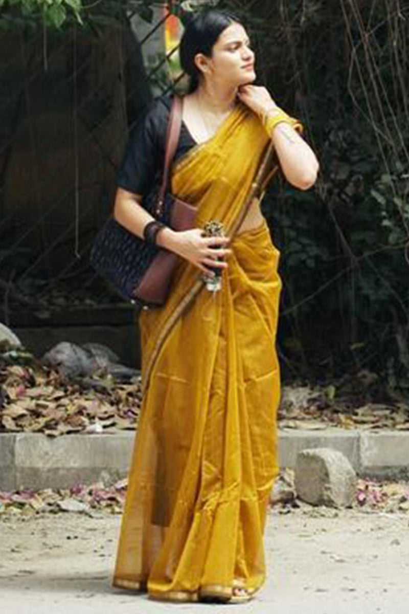 Precious Mustard Cotton Silk Saree With Glorious Blouse Piece - Shop authentic Indian Women's Fashion by Silk Folks
