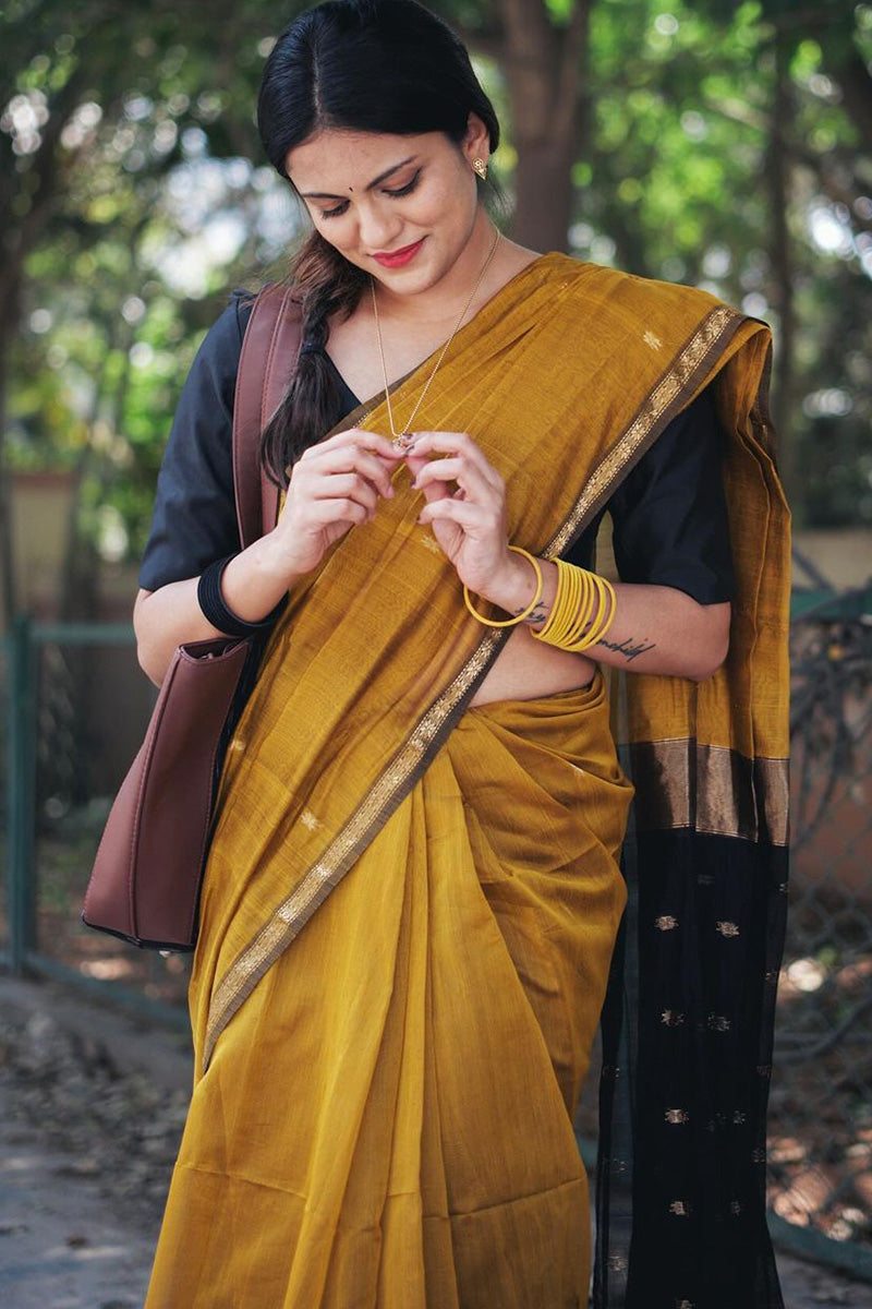Precious Mustard Cotton Silk Saree With Glorious Blouse Piece - Shop authentic Indian Women's Fashion by Silk Folks