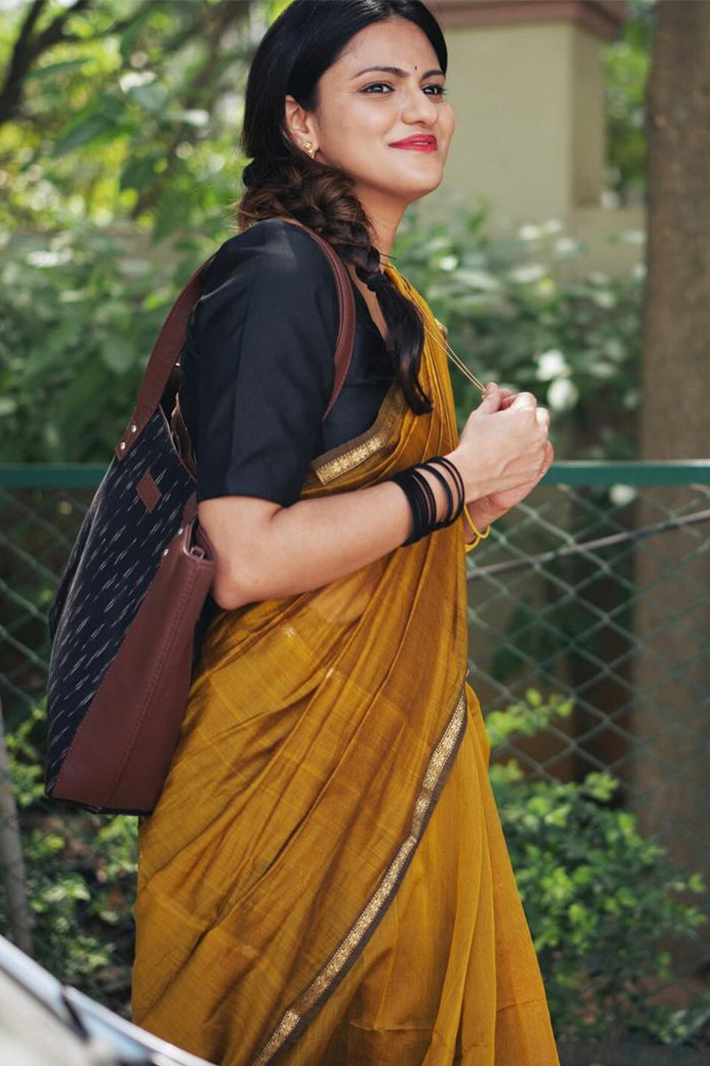 Precious Mustard Cotton Silk Saree With Glorious Blouse Piece - Shop authentic Indian Women's Fashion by Silk Folks