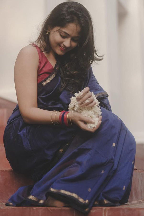 Pretty Navy Blue Cotton Silk Saree With Ailurophile Blouse Pieced - Shop authentic Indian Women's Fashion by Silk Folks
