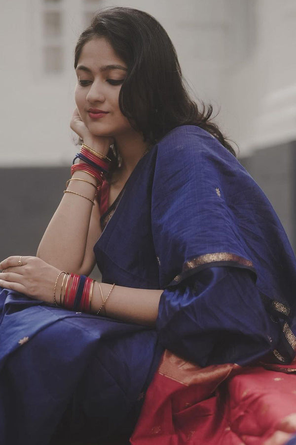 Pretty Navy Blue Cotton Silk Saree With Ailurophile Blouse Pieced - Shop authentic Indian Women's Fashion by Silk Folks