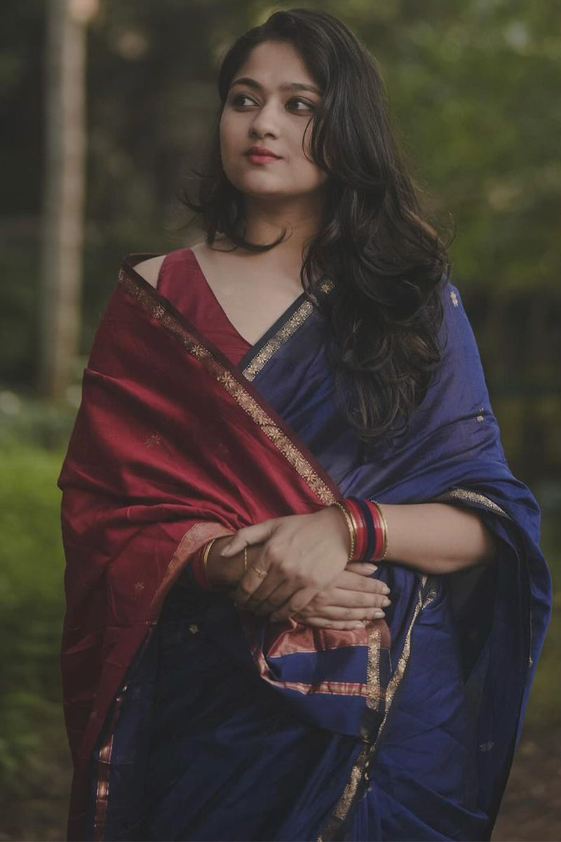 Pretty Navy Blue Cotton Silk Saree With Ailurophile Blouse Pieced - Shop authentic Indian Women's Fashion by Silk Folks