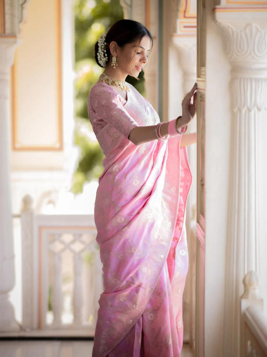 Panache Baby Pink Pink Soft Silk Saree With Snazzy Blouse Piece - Shop authentic Indian Women's Fashion by Silk Folks