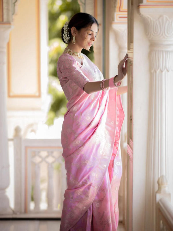 Panache Baby Pink Pink Soft Silk Saree With Snazzy Blouse Piece - Shop authentic Indian Women's Fashion by Silk Folks