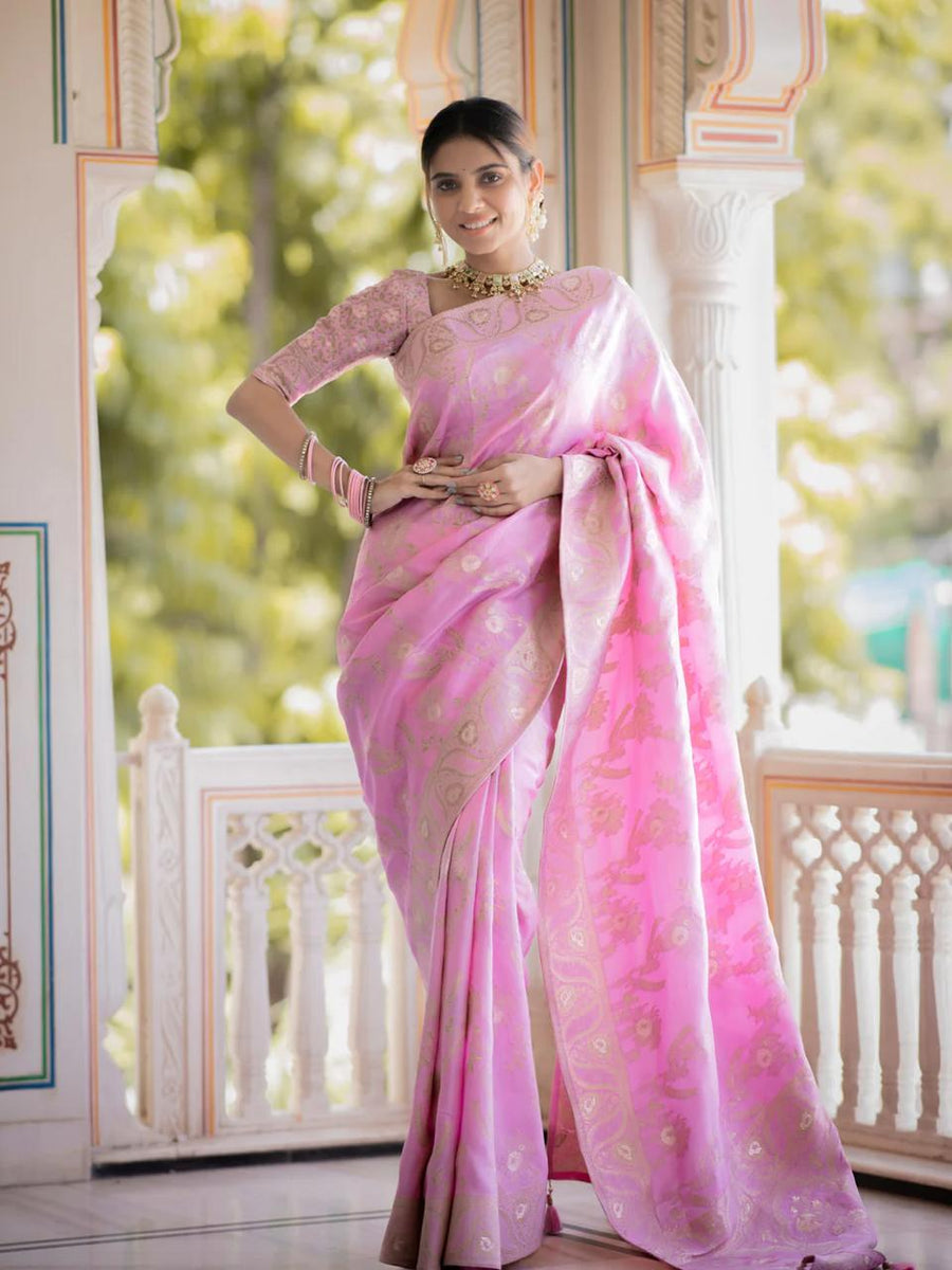 Panache Baby Pink Pink Soft Silk Saree With Snazzy Blouse Piece - Shop authentic Indian Women's Fashion by Silk Folks